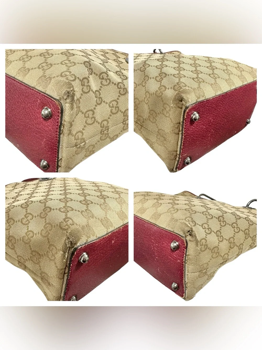 Gucci Eclipse Tan GG Monogram Canvas & Burgundy Red Leather Bucket Tote - Picture 13 of 14